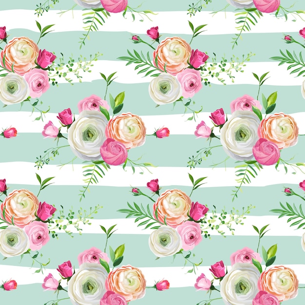 Floral Seamless Pattern with Pink Roses and Ranunculus Flowers. Botanical Background for Fabric Textile, Wallpaper, Wrapping Paper and Decor. Vector illustration