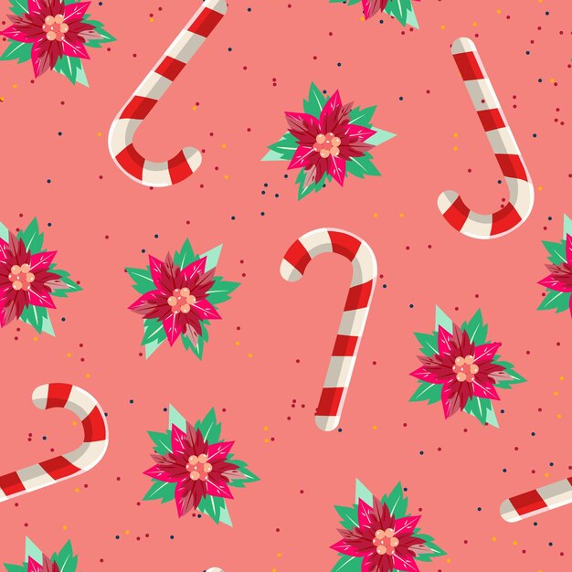 Vector floral seamless pattern with poinsettia flowers and candy cane on pink background
