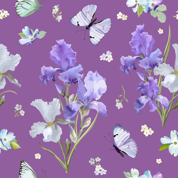 Floral seamless pattern with purple blooming iris flowers and flying butterflies