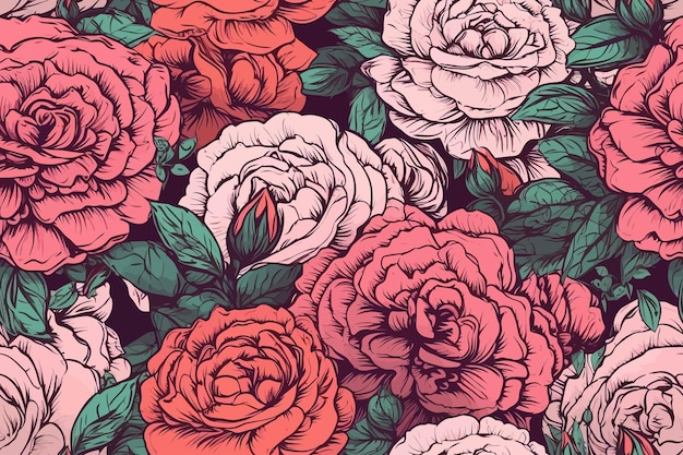 A floral seamless pattern with red and pink roses with green leaves