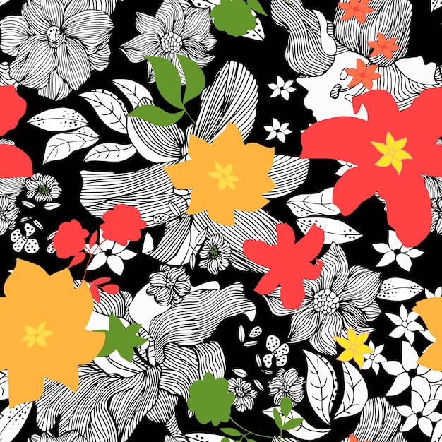 Floral seamless pattern with red and yellow flowers in line art style on black