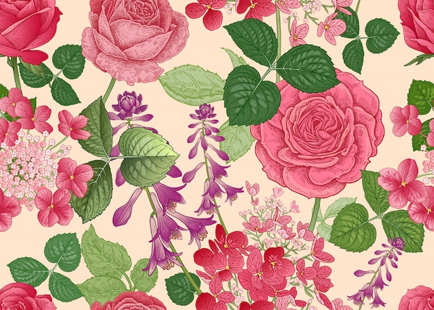 Floral seamless pattern with Roses and hydrangeas.