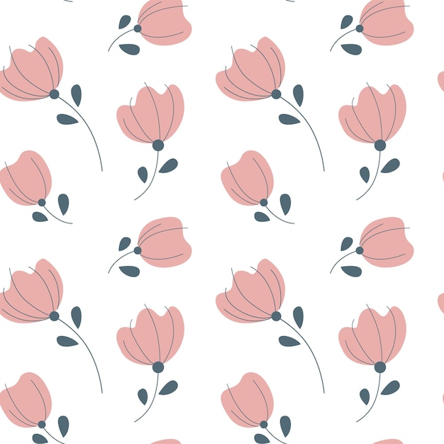 Floral seamless pattern with a simple cartoon pink flowers