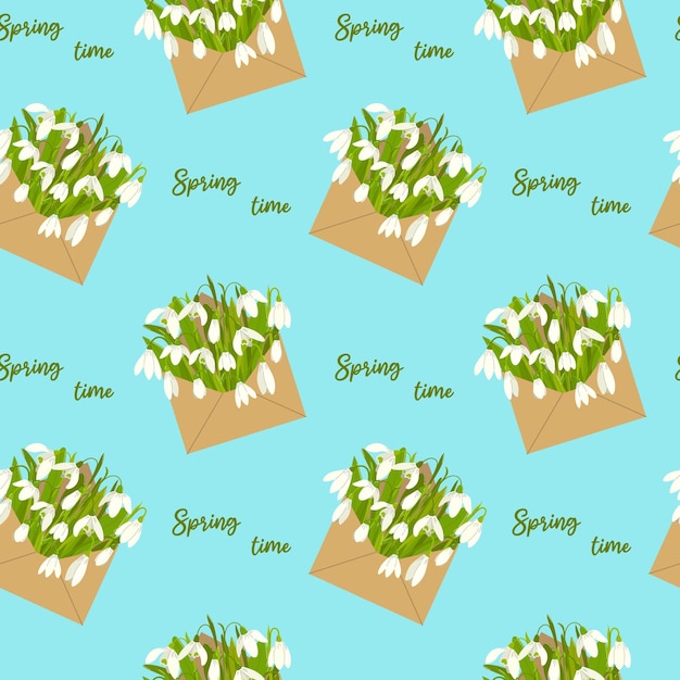 Floral seamless pattern with snowdrops in envelope and quote Spring time on blue background in flat
