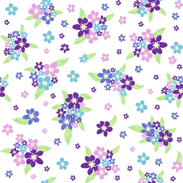 Цветочный бесшовный узор с тициановым лавандовым синим фиолетовым цветком ромашки и листьями на пастельном фоне