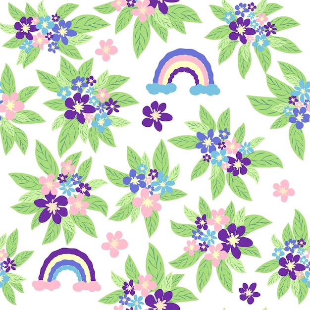 Floral seamless pattern with titian lavender blue purple chamomile flower and leaves on pastel background