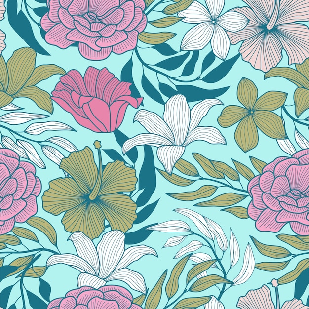 Floral seamless pattern with tropical leaves