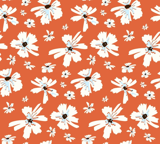 Floral seamless pattern with white ditsy flowers on orange background