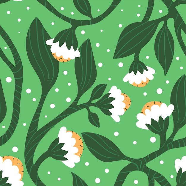 Floral seamless pattern with white flowers and green leaves with texture on a green background