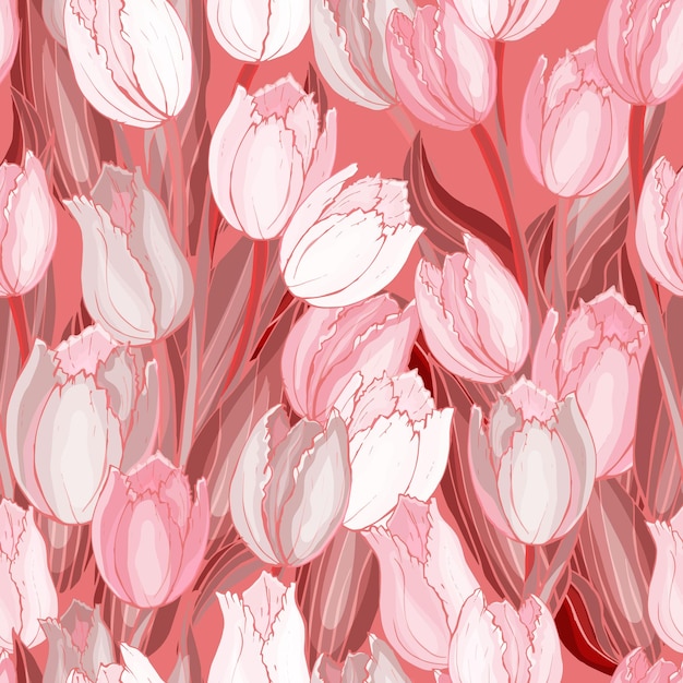 Floral seamless pattern with white and pink tulips, leaves on pink background.