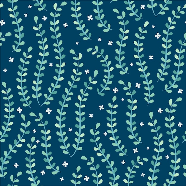 Floral seamless pattern with white small flowers and green leaves