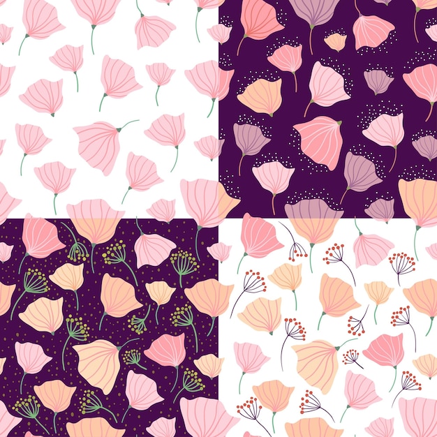 벡터 4개의 다른 배경, 봄 및 여름 디자인의 꽃무늬 매끄러운 패턴 컬렉션