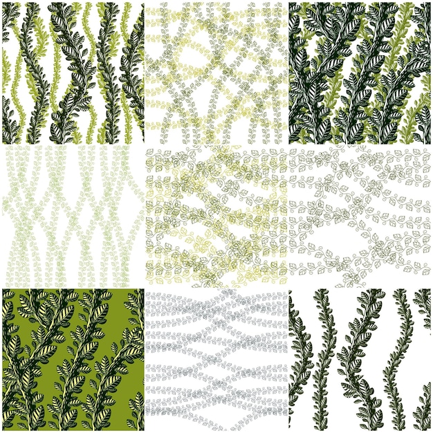 Floral seamless patterns set with leaves and branches, vector green fabric backgrounds collection. Tangled stems, garden and forest nature life theme.