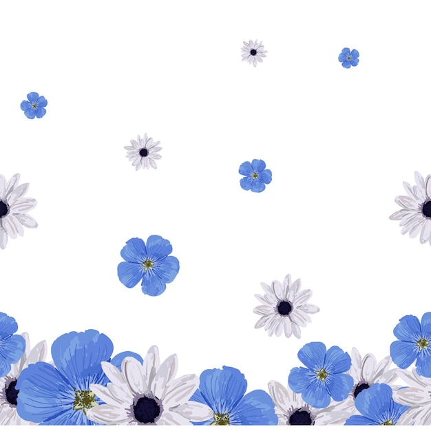 Vector floral seamless vector border repeating pattern footer blue flowers spring frame