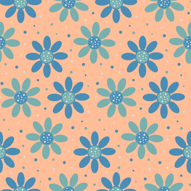 Floral seamless vector pattern with blue flowers on peach background