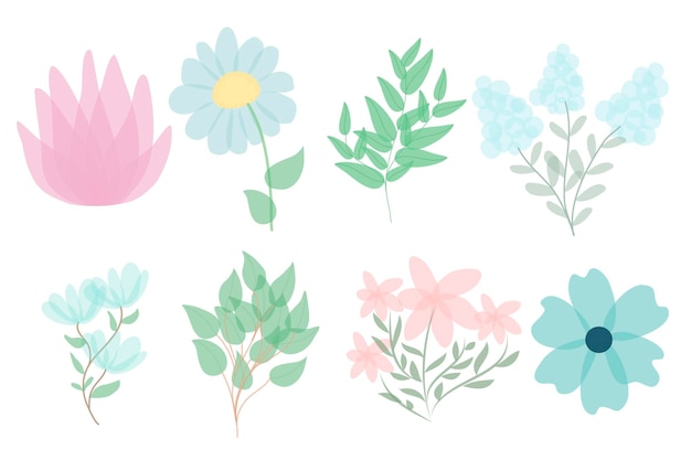 Vector floral set of beautiful blooming wildflowers and leaves. flower head, petals, leaves and branches. botanical collection of cut meadow and garden flowers.