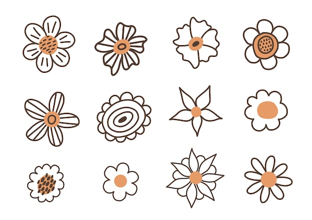 Vector floral set in black and white and color accent doodle flowers and leaves cute hand drawn flowers