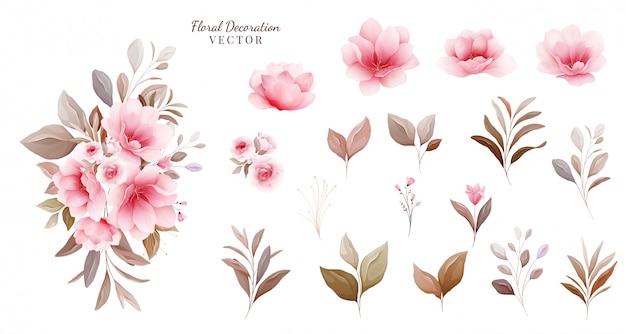 Floral  set. Botanic arrangements & individual elements of pale sakura flowers, leaf, branch.