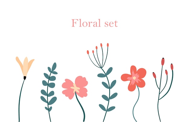 Floral set van 6 schattige elementen. Mooie bloeiende planten met een botanisch thema.