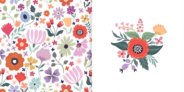 Vector floral set with beautiful seamless pattern, different flowers and simple card with flowers bouquet