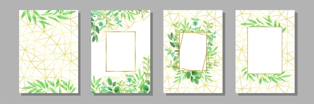 Floral sjablonen set met geometrische gouden frame kruidenstruiken takken met bladeren in aquarel stijl