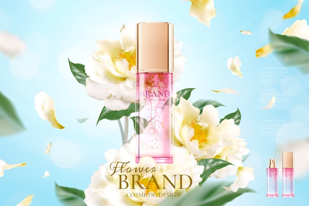 Floral skincare ads with petals flying around the product