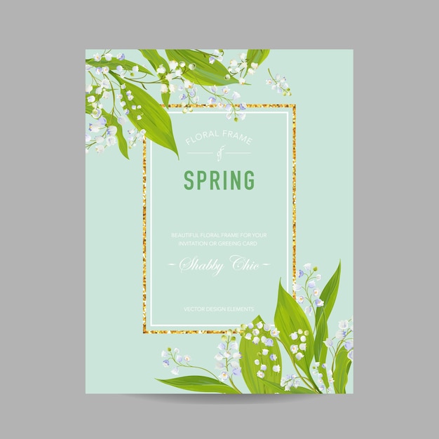 ベクトル 結婚式の招待状、グリーティングカード、セールバナー、ポスター、プラカード、カバーのゴールデンフレームと花の春のデザインテンプレート。ユリの花とspingtimeの背景。ベクトルイラスト