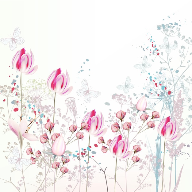 Illustrazione floreale di primavera con fiori di tulipano rosa, piante e farfalle