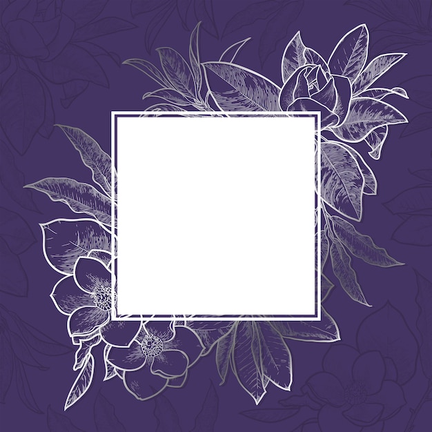 紫青の背景に銀のモクレンの花の花の正方形のフレーム。ファンタジーフローラルフレーム。