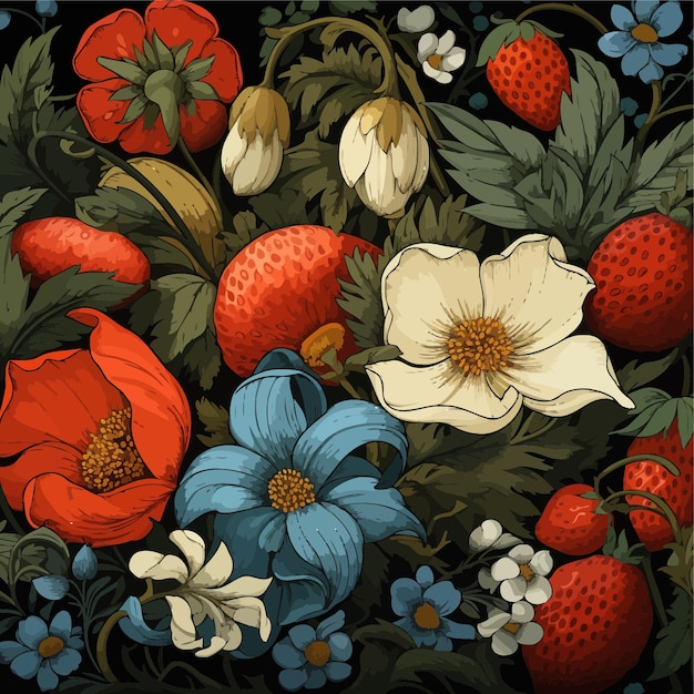 Floral and Strawberry Pattern Whimsical Nature Design