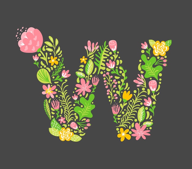 Floral summer Letter W Flower Capital wedding Uppercase Alphabet Colorful font with flowers