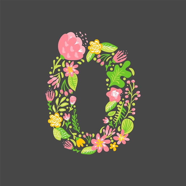 Floral summer Number 0 zero Flower Capital wedding Alphabet Colorful font with flowers and leaves Vector illustration scandinavian style