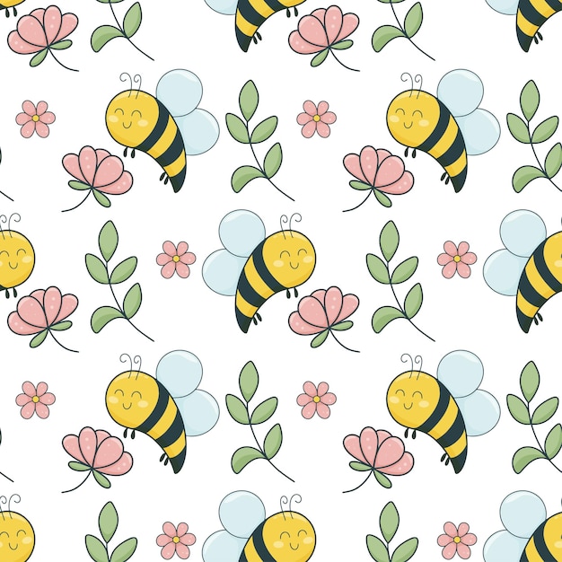 Vector floral summer seamless pattern with bees