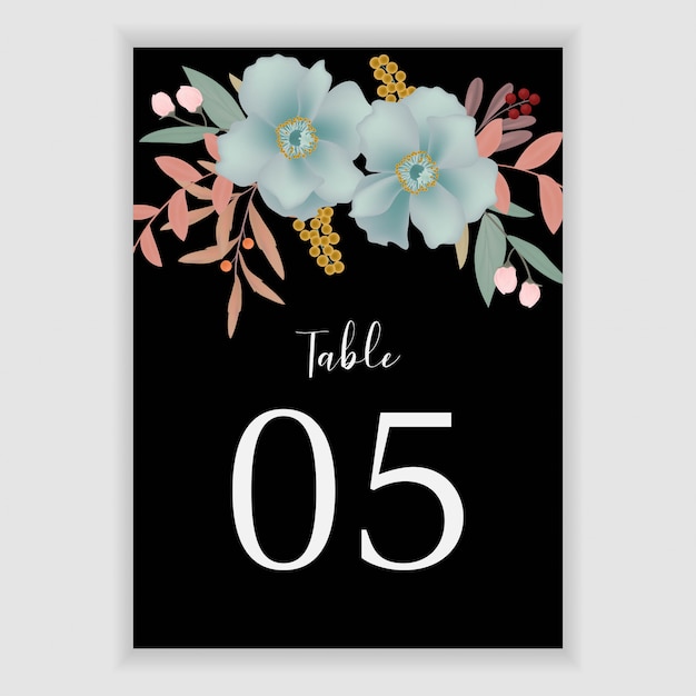 Floral table number template with blue flower decoration