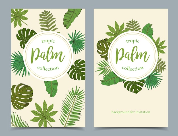 Floral tropical banners with isolated palm leafs on white backgr