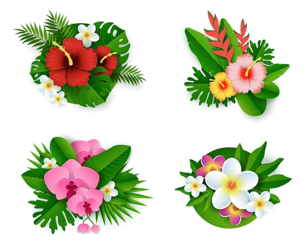 Floral tropical composition set vector isolated illustration in paper art style exotic flowers and p