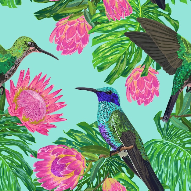 Vector floral tropical seamless pattern with exotic flowers and humming bird. blooming protea flowers, birds and monstera leaves background for fabric, wallpaper, textile. vector illustration