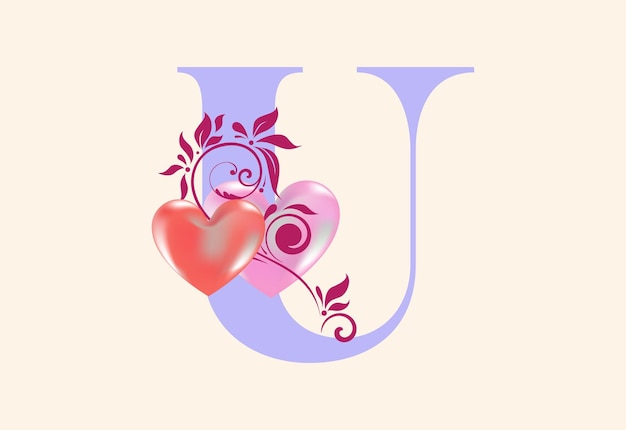 Floral U-monogrambrief met hartteken Eerste alfabet met botanische elementen
