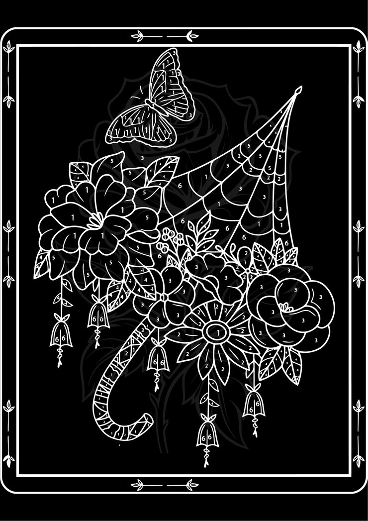 Vector floral umbrella tattoo design color by number coloring book