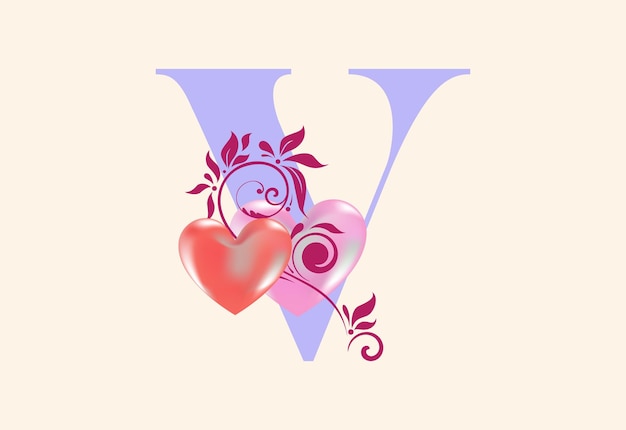 Vector floral v monogram letter with heart sign initial alphabet with botanical elements