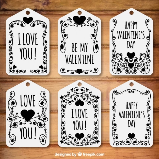 Floral valentine day tags pack in black color