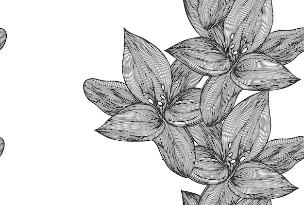 Цветочный векторный фон черно-белый линейная линия цветка лилии бесшовный узор для текстильного дизайна векторный бесшовный черно-белый цветочный узор