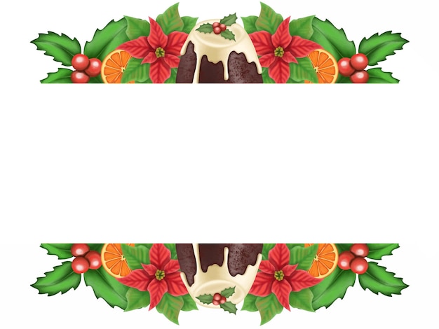 Floral vector frame with poinsettia, holly leaves, oranges and christmas pudding.