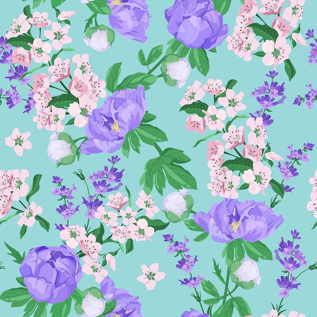 floral vector illustration seamless print with lavender cherry flowers and peonies