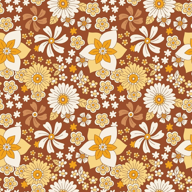ベクトル 80年代70年代スタイルの花のベクトルパターン花とシームレスなレトロなパターンフラワーチャイルドヒッピー