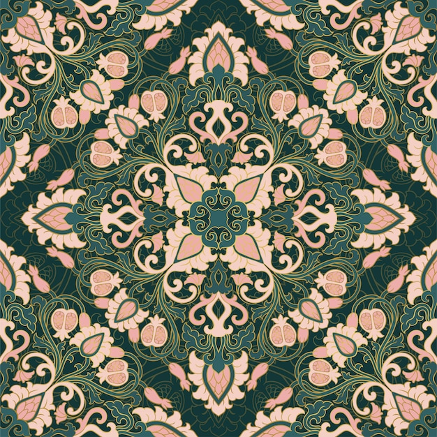 Floral vector pattern with pomegranate. seamless filigree ornament. green wallpaper, textile, shawl, carpet.