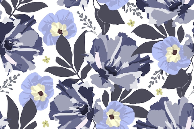 Vector floral vector seamless pattern morning glory ipomoea blue yellow flowers and leaves