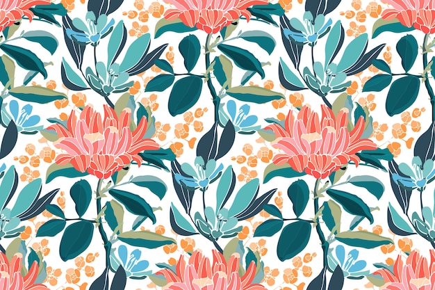 Floral vector seamless pattern Pink orange flowers green blue branches and leaves