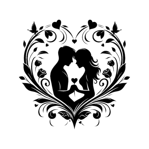 Floral vector silhouette of a romantic couple