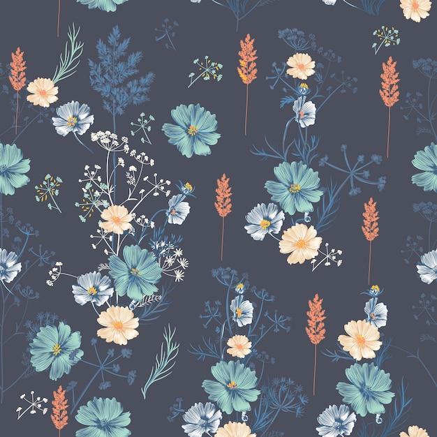 Floral vector vintage pattern in elegant style with cosmos flowers